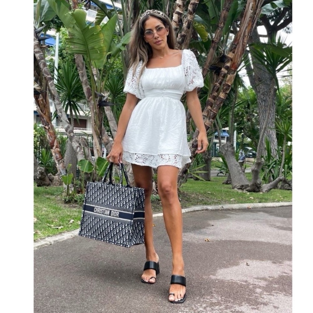 White Lace Trim Short Sleeve Square Neck Open Back Mini Dress - Picture 12 of 15